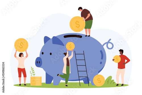 Charity, financial investment and income to budget. Tiny people economize and save cash gold dollar coins in piggy bank toy, invest money savings in safe project or fund cartoon vector illustration