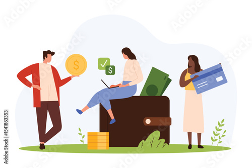 Budget management with virtual wallet vector illustration. Cartoon tiny people holding credit card and cash coins near big personal pocket with money, manage salary and income cashback rewards