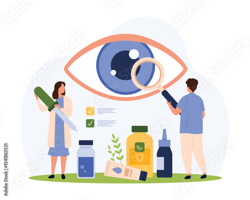Eyesight examination, diagnosis and treatment of eye diseases vector illustration. Cartoon tiny people check health of patients eyes with magnifying glass, ophthalmologist holding eyedropper for drops