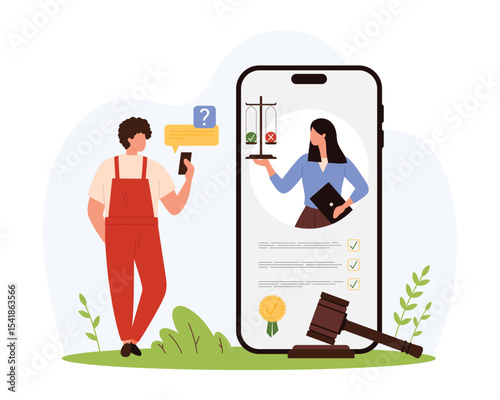 Legal advice and support, legislation and online notary service. Digital help of lawyer with justice scales from smartphone screen to tiny man, defense of clients order cartoon vector illustration