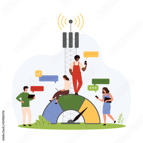 5G technology, telecommunication industry, telecom network. Tiny people connect to LTE transmitter infrastructure, antenna cellular network with high speed free signal cartoon vector illustration