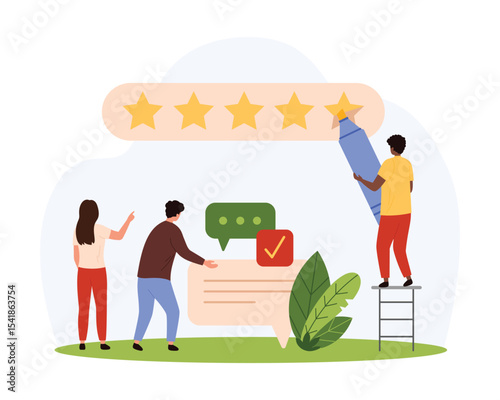 Customer feedback, review service. Tiny people with marker write five yellow rating stars, consumers share opinion about positive product experience in online form cartoon vector illustration