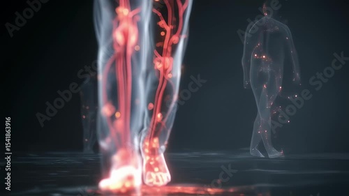 Medical animation showing glowing narrowed arteries in legs of an elderly man walking, highlighting the impact of peripheral artery disease - pad -