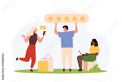 User experience, customers feedback vector illustration. Cartoon tiny people holding 5 stars award to rate product on evaluation survey service, client characters vote for excellence quality results