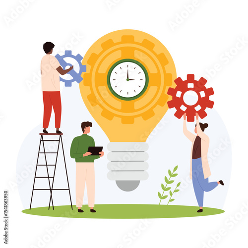 Effective tech solution, time management in teamwork vector illustration. Cartoon tiny people holding gears to put in clock mechanism inside light bulb, customize interaction employees in team