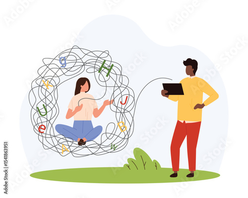Speech therapy for patients with dyslexia disability vector illustration. Cartoon tiny pathologist teaching girl with problem of reading and communication sitting inside chaos of letters and threads