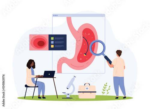 Diagnostics of stomach disease, endoscopy procedure in gastroenterology vector illustration. Cartoon tiny people check human digestive system with camera on endoscope for gastritis diagnosis