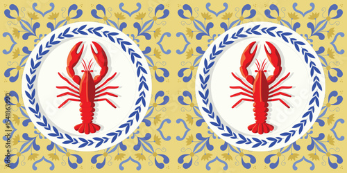 Elegant food composition with lobster flat lay. Italian ceramic plate with lobster  vector style. Lobster dish with Sicilian tile backdrop