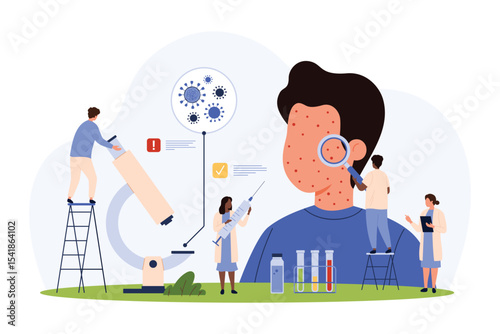 Diagnosis of infectious contagious disease, measles. Tiny people with magnifying glass check symptoms of measles, red rash and itchy skin face in sick child patient cartoon vector illustration