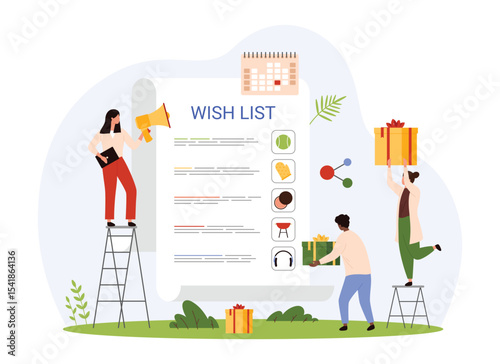 Online wish list of customer. Tiny people with megaphone and gift check users wishlist, paper sheet with list of favorite shop purchases of person and internet services cartoon vector illustration