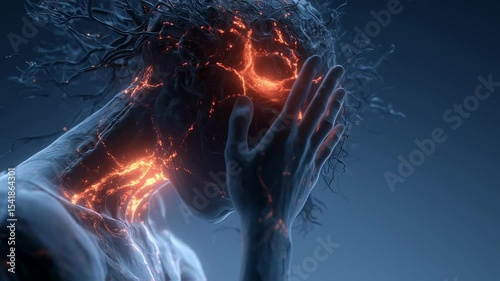 Intense emotional pain and trauma are visualized through glowing veins and energy flowing through an anatomical human head, depicting a flashback or ptsd episode
