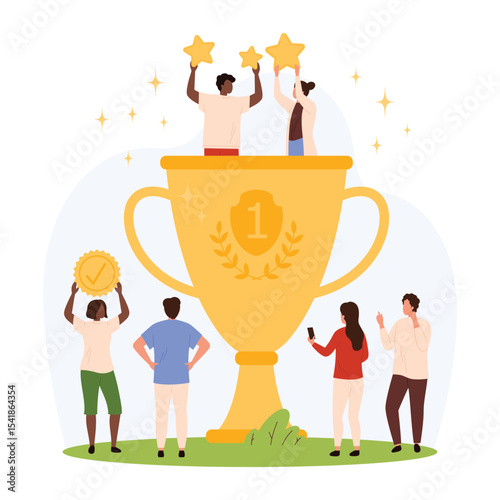 Victory, teamwork goal achievement vector illustration. Cartoon successful team of tiny people winners celebrating reward gold cup for first place in professional competition, success honor prize