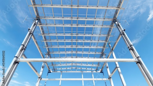 Steel framework of a building under construction against a clear blue sky in a geometrical perspective
