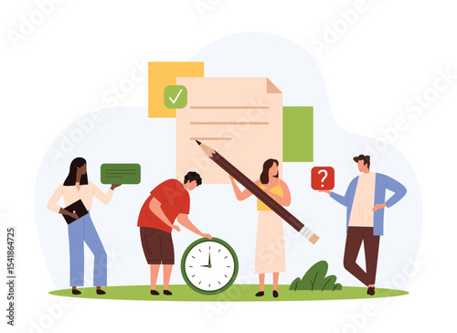 Writing notes, editor mobile app for planning vector illustration. Cartoon tiny people holding big pencil and clock, bubble message to write in paper diary or notebook, notice information and question