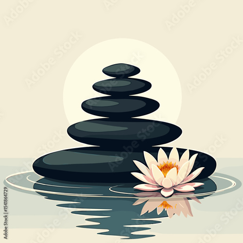 Stacked black stones with lotus flower in serene water setting  