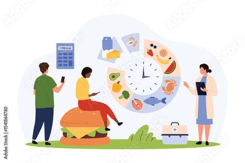 Counting calories in food for weight loss using mobile calculator app. Tiny people plan daily diet on advice of nutritionist, control menu on chart planner with clock cartoon vector illustration