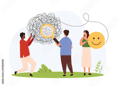 Self care for mental health vector illustration. Cartoon tiny people with magnifying glass help woman with smile emoji to unravel chaos of thread and change mind, counseling therapy by psychologist
