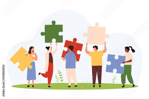 Collaboration and cooperation of people of different ethnicity, nationalities and gender vector illustration. Cartoon diversity group of tiny office employees and partners hold pieces of puzzle jigsaw