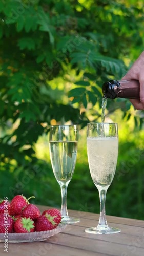 Hand pours sparkling wine into flutes on wooden table, next to bowl of fresh strawberries with lush green background. Ideal for themes of celebration, summer and romance