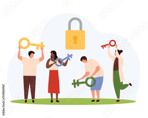 Gender equality, equal opportunity for women and men in job and life choice vector illustration. Cartoon diversity group of tiny people holding keys for lock in shape of male and female signs