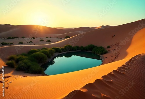 Golden hour photo of desert sand dunes with dramatic shadows and textures, clear sky, untouched natural beauty