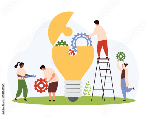 Teamwork to develop good creative idea, implement project, entrepreneurship vector illustration. Cartoon tiny people put gear in open light bulb, digital solution and breakthrough of characters team