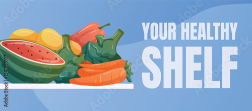 Healthy Shelf with Fresh Vegetables Banner. Vector cartoon Illustration of Carrots, Broccoli, Watermelon, and Peppers on Fridge Shelf. Perfect for Grocery Ads, Meal Prep, or Nutrition Promotions.