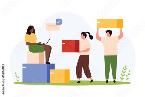 Delivery, registration and distribution service for parcels in warehouse vector illustration. Cartoon tiny people holding cardboard boxes, employees carrying paper packages to manager with laptop