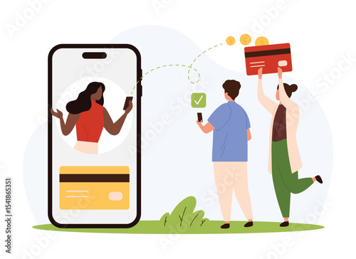 Money transfer through banking mobile app, online payment vector illustration. Cartoon tiny people hold credit card and smartphone to send or receive money, digital transaction and exchange via phone