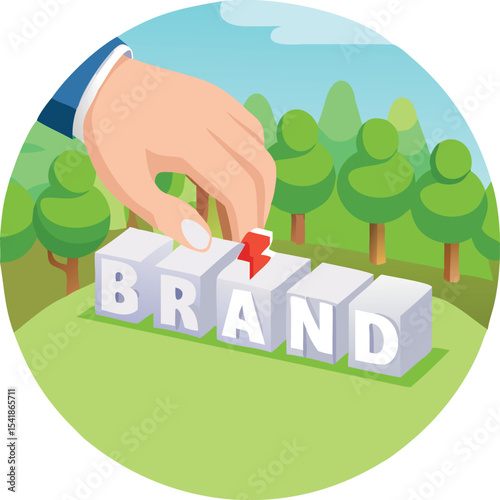 Hand placing final piece completing brand word blocks