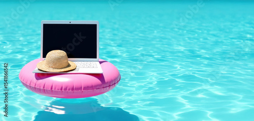 Laptop with straw hat on inflatable lap floating in clear pool water with glare of sunlight. Concept of vacation, office weekend, do not disturb, always on call, space for text