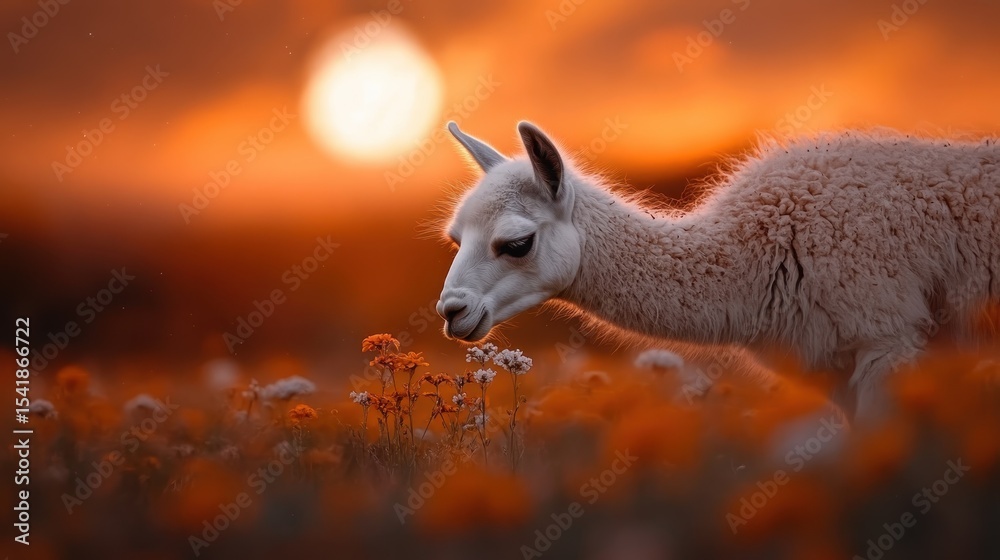 Naklejka premium A whimsical scene depicting a cute llama peacefully grazing on flowers against a stunning sunset backdrop, capturing the charm of nature and serene moments.