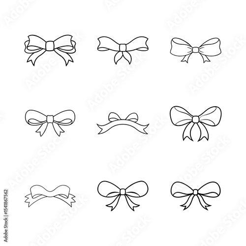 set of ink bow and ribbon set hand drawn line art vector illustration