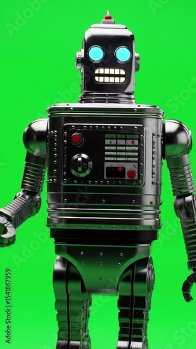 Animated 3d retro robot against a green screen for video editing and vfx