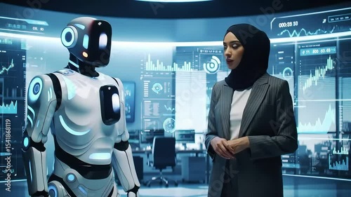 Businesswoman collaborates with ai robot analyzing financial data on futuristic screens