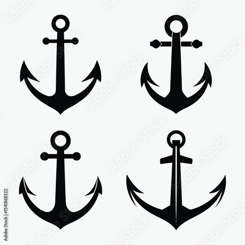 Anchor silhouette, ship wheel icon, anchor symbols  set vector silhouettes anchor with rope Steering Wheel Captain Boat Ship Yacht Compass Transport logo design inspiration, marine compass vector  