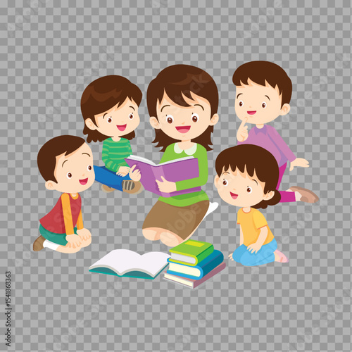 Teacher Reading a Book to Children – Cartoon Illustration on Transparent Background

