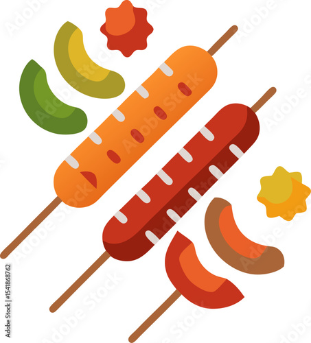 Skewers with assorted grilled items like sausage, vegetables, and meat with white background.