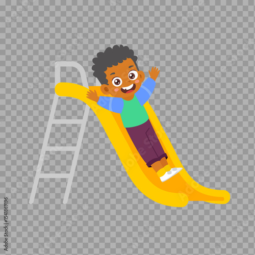 Smiling Cartoon Boy Sliding Down a Playground Slide – Fun Vector Illustration

