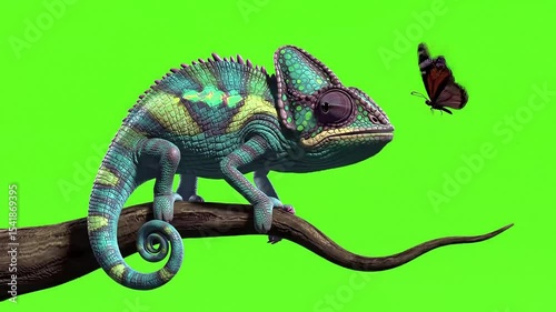 Colorful chameleon perched on branch watching a butterfly on green screen background