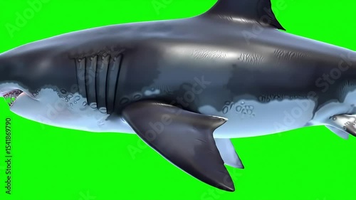 Detailed close up of a great white shark on a chroma green screen