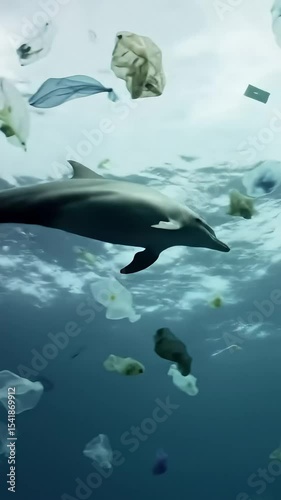 Dolphin swimming amongst plastic pollution in the ocean representing environmental issues