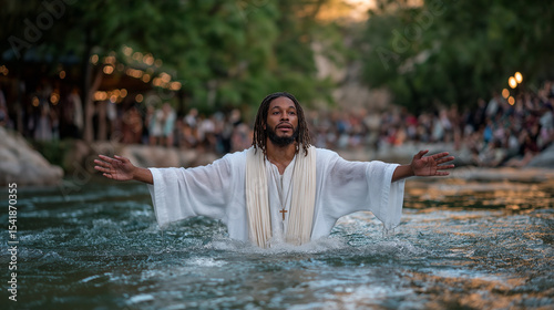 Baptism ceremony in a river with a gathered crowd