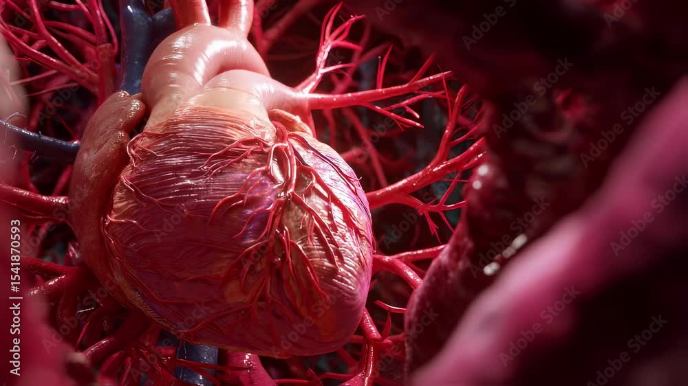 Realistic anatomical 3d animation of a human heart beating, surrounded ...
