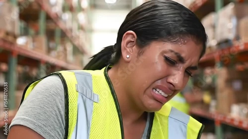 Overworked warehouse employee showing stress sweat and discomfort on the job