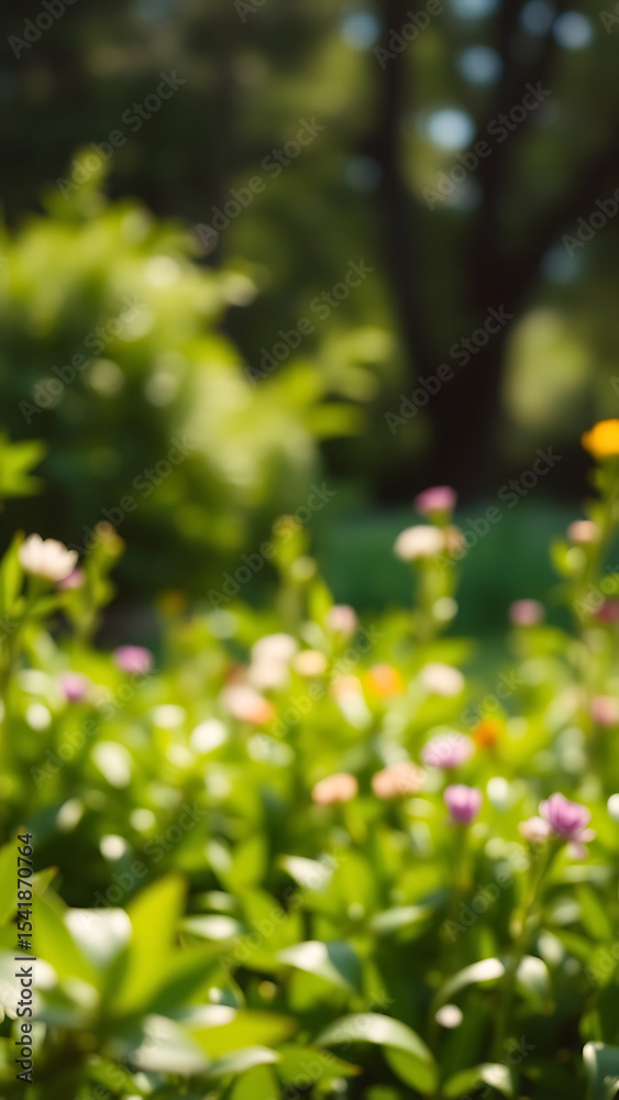 Blurred garden in spring nature outdoor background Lush green foliage with soft sunlight filtering t Blurred garden in spring nature outdoor background Lush green foliage with soft sunlight filtering t