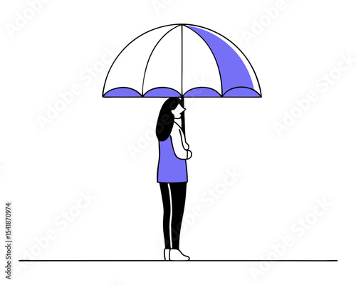 Woman with Umbrella - Flat Vector Illustration (Minimalist Rainy Day Scene) - Isolated on Transparent Background