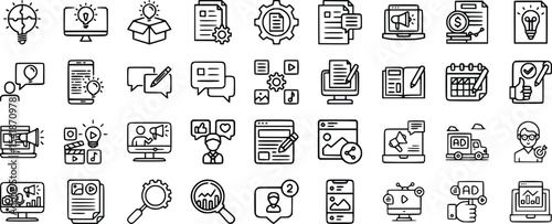 Black and White Content Marketing Icons Set line art