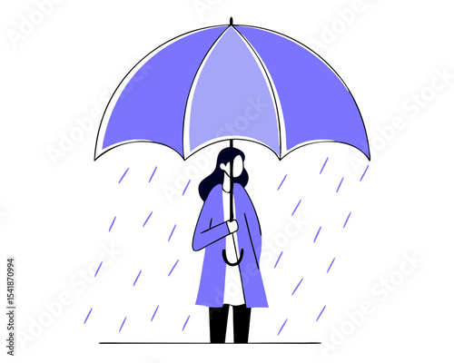 Woman with Umbrella - Flat Vector Illustration (Minimalist Rainy Day Scene) - Isolated on Transparent Background