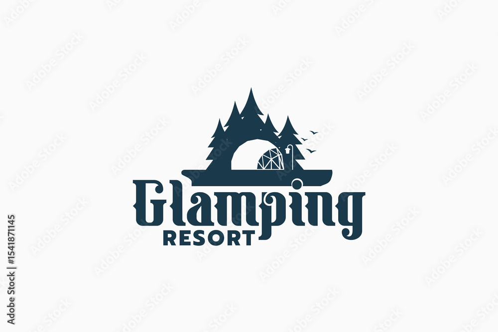 Obraz premium Glamping resort logo with a combination of pine forest and luxury tent. It is good for outdoor activity business, rental, travel, etc.